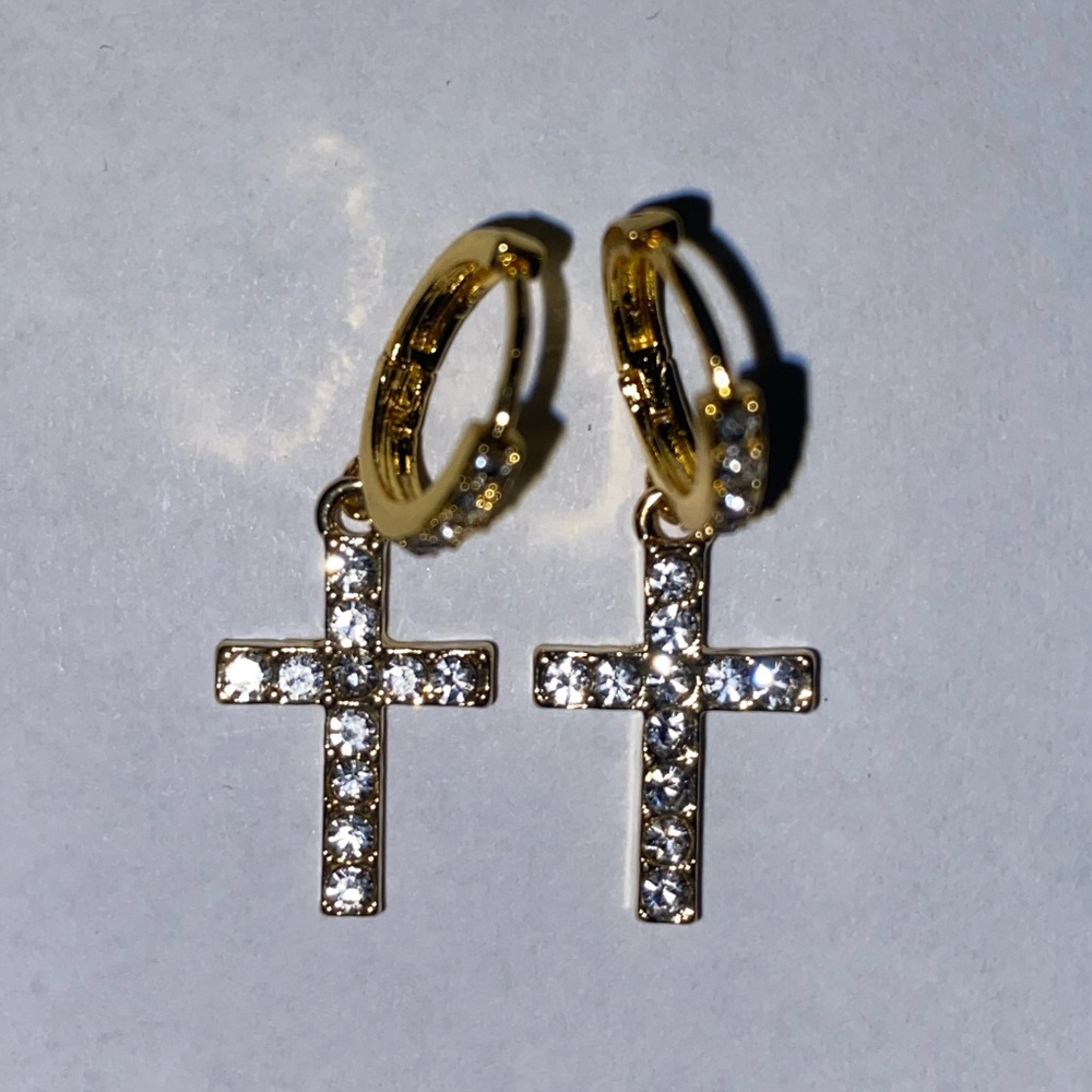 Men’s iced out dangle cross hip hop hoop earrings